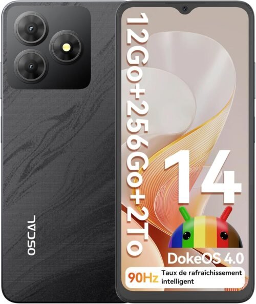 OSCAL Flat 2 Telephone Portable Android 14, Smartphone Pas Cher 12GB+256GB/TF-2To, Écran 6,56″ IPS HD+ Smartphone 90Hz, 5000mAh, AI Caméras 13MP, Dual SIM 4G/Face ID/Fingerprint/Octa Core/GPS – Noir