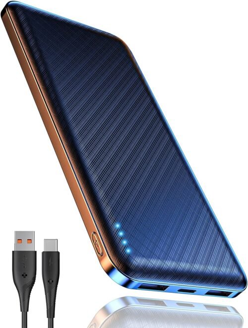 Batterie Externe, Power Bank 10000mah Ultra Mince Lumière, Batterie Externe Charge Rapide USB C Sortie/Entrée (3.0A) et 2 Ports USB Sortie, Chargeur Portable Compatible avec iphone 14 Samsung Airpods