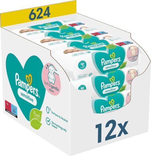 Pampers Lingettes Bébé Sensitive, 624 Lingettes (Lot de 12 x 52), Sans Parfum ni Alcool, Aident à Protéger la Peau des irritations, Pour Une Toilette Douce Et Délicate, Testées Dermatologiquement