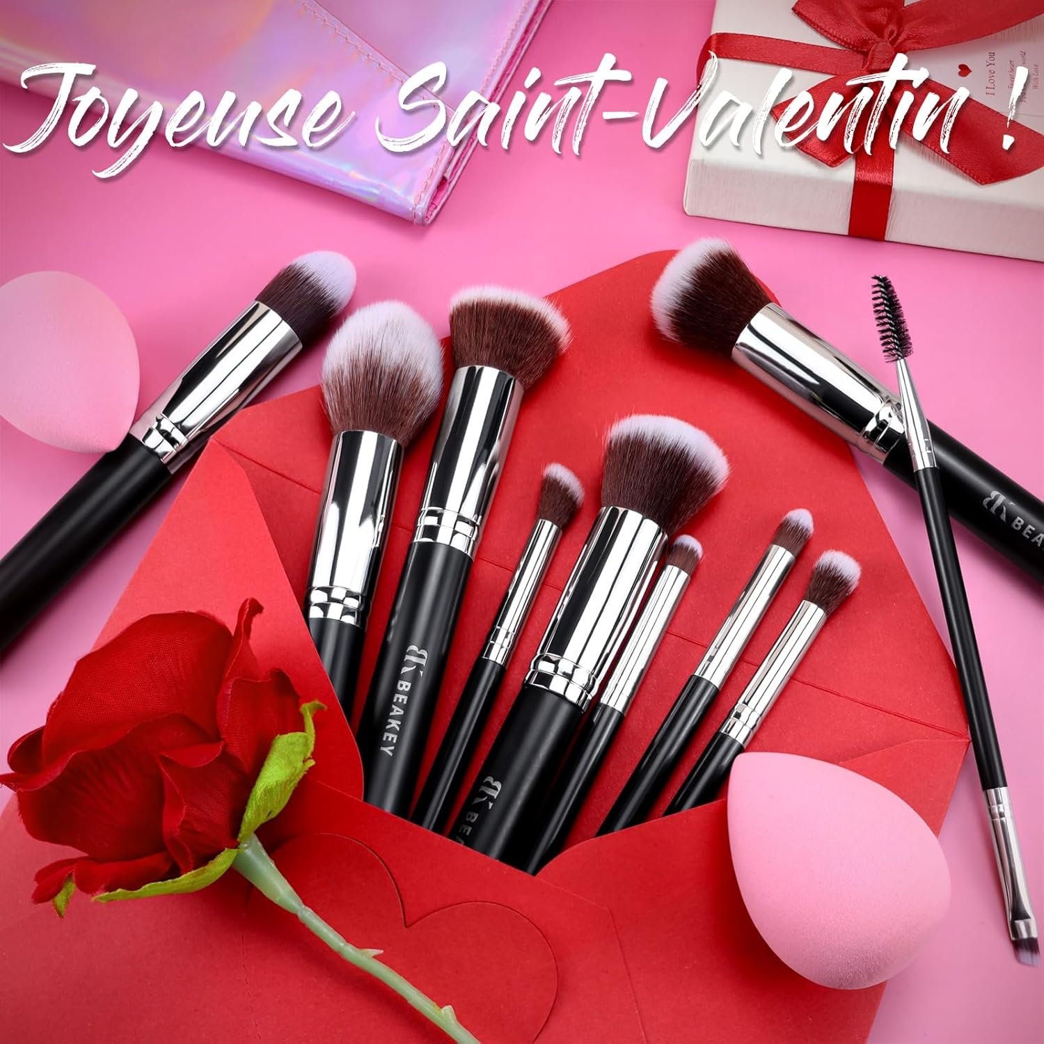 BEAKEY Pinceaux Maquillages Professionnel, Pinceau Maquillage Pour Fond de Teint Blush L'anti-cernes Fard à Paupières Poudre Libre, Avec Blender Eponge(10+2pcs, Noir/Argent) – Image 2