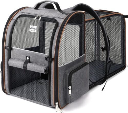 Lekespring Sac Transport Chat avec 4 Entrées, pour Chien, Respirant – Sac a Dos avec Harnais Intérieur – Charge Maximale 8kg – Gris