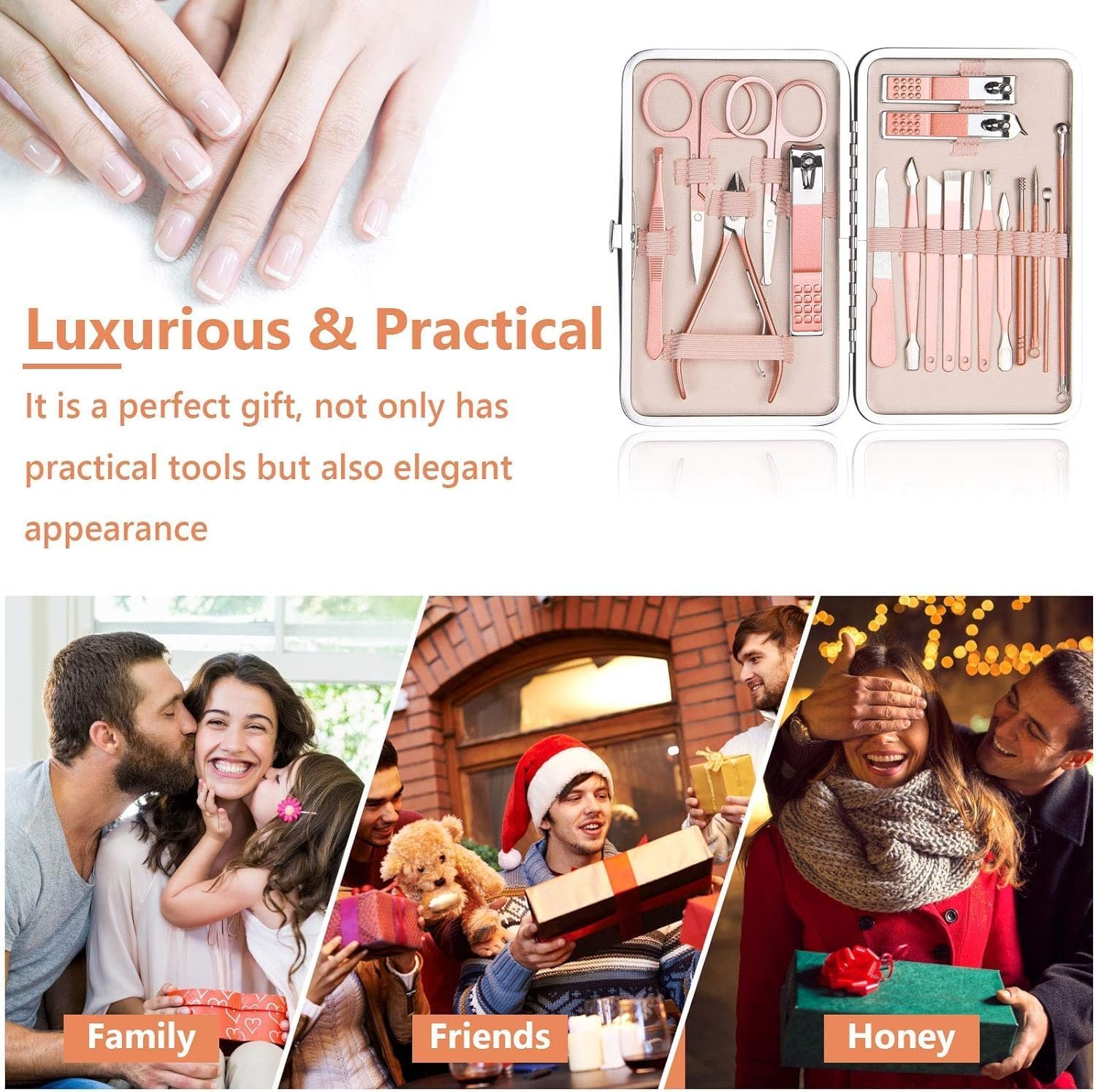 URAQT Kit Manucre Pedicure, 18pcs Ensemble de Coupe-Ongles Professionnel, Coupe-Cuticule en Acier Inoxydable, Kit de Manucure de Pédicure avec Boîte de Voyage et Maison Exquise (Or Rose) – Image 7