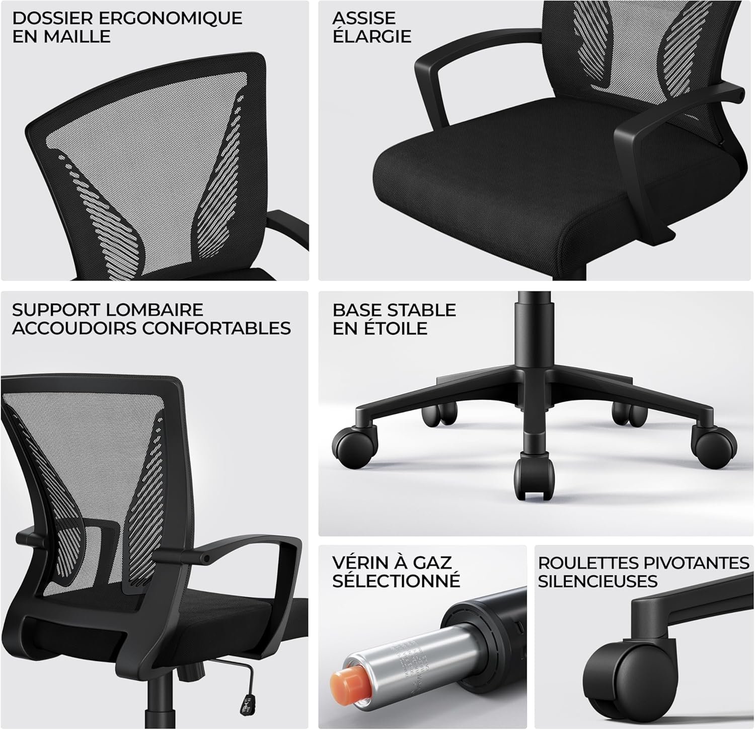 Yaheetech Chaise Bureau avec Siège Dossier en Maille Respirante Hauteur Réglable Fauteuil d'Ordinateur Inclinable à Roulettes Pivotantes Charge 136kg Noir – Image 7