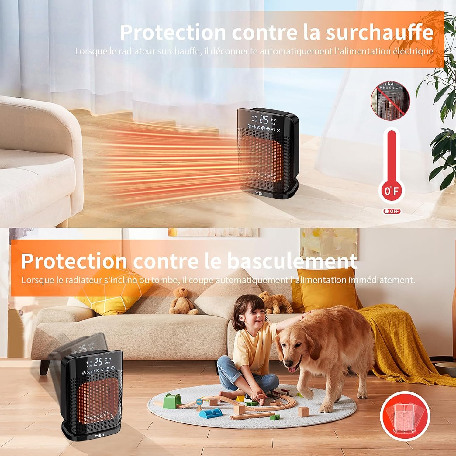 YASHE Chauffage d'appoint 1800W, Radiateur électrique en céramique PTC avec thermostat, minuterie 24h, télécommande, oscillant 75°, protection anti-surchauffe et anti-basculement, mode ECO – Image 6