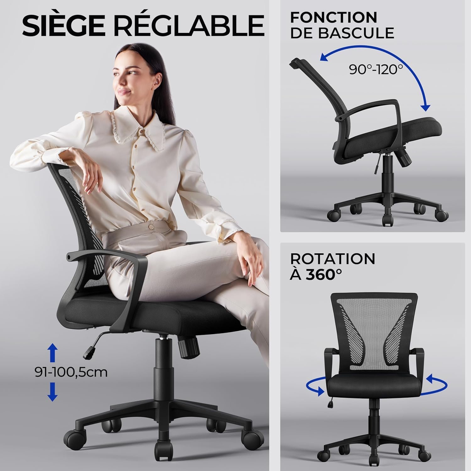 Yaheetech Chaise Bureau avec Siège Dossier en Maille Respirante Hauteur Réglable Fauteuil d'Ordinateur Inclinable à Roulettes Pivotantes Charge 136kg Noir – Image 4