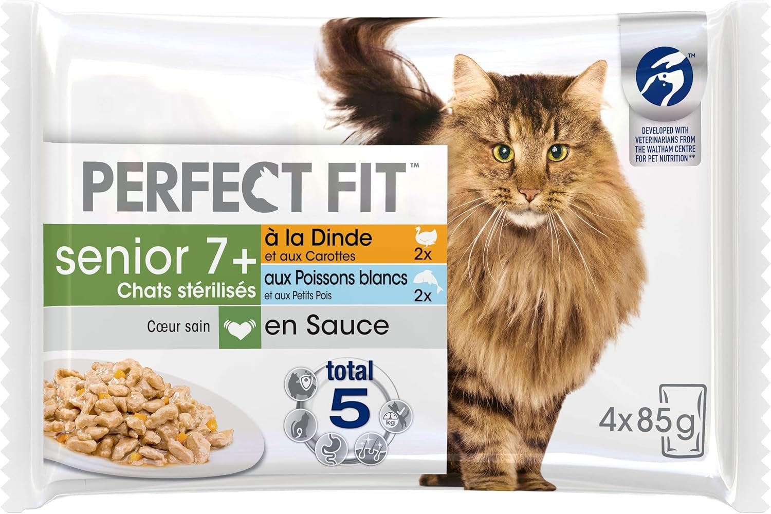 PERFECT FIT Repas pour Chat Senior 7+ Stérilisé - 52 Sachets Fraîcheur (Lot de 13 Packs de 4x85g) - Pâtée pour Chat en Sauce à la Dinde / aux Poissons blancs - Nourriture Equilibrée pour un Coeur Sain