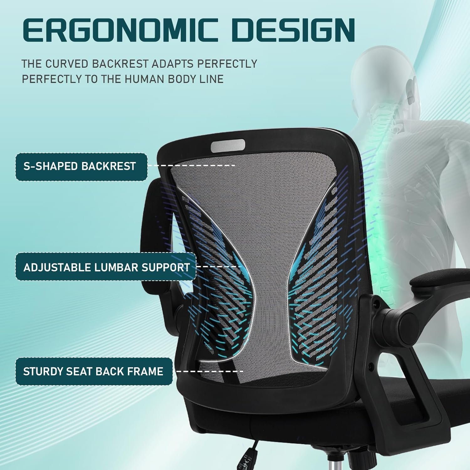 Milacyee Chaise de Bureau Ergonomique, Chaise de Bureau avec accoudoirs réglables, Soutien Lombaire, Réglable en Hauteur, Chaise de Bureau pivotante avec Dossier en Filet Respirant, Noir – Image 3