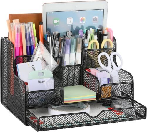 Housolution Organisateur de Bureau Multifonctionnel, Support de Rangement avec Tiroir & 7 Compartiments, Porte-Stylo en Maille Métallique de Grande Capacité pour Papeterie Livre Dossiers Ciseaux, Noir