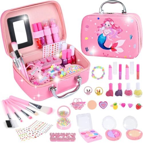 Maquillage Enfant Filles, Lavable Malette Maquillage Jouet pour Enfant, Coffret Maquillage de Princesse Fille Makeup Set, Cadeau de Noël Anniversaire Jouet pour Fille 3 4 5 6 7 8 9 10 Ans