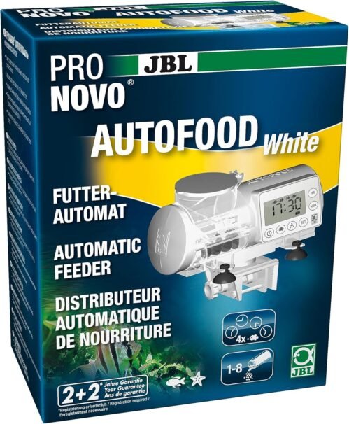 JBL PRONOVO AUTOFOOD, Distributeur automatique d&rsquo;Aliment pour Aquarium, Aliment en Granulés pour Poissons jusqu&rsquo;à 4x par jour, Avec Support et Anneau adaptateur pour augmenter le Volume à 375 ml,Blanc