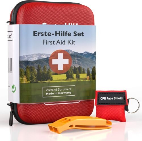 GoLab Kit de premiers secours d’extérieur pour randonnée et vélo DIN 13167 – Kit First Aid avec sifflet de signalisation et masque respiratoire – Fabriqué en Allemagne – Rouge