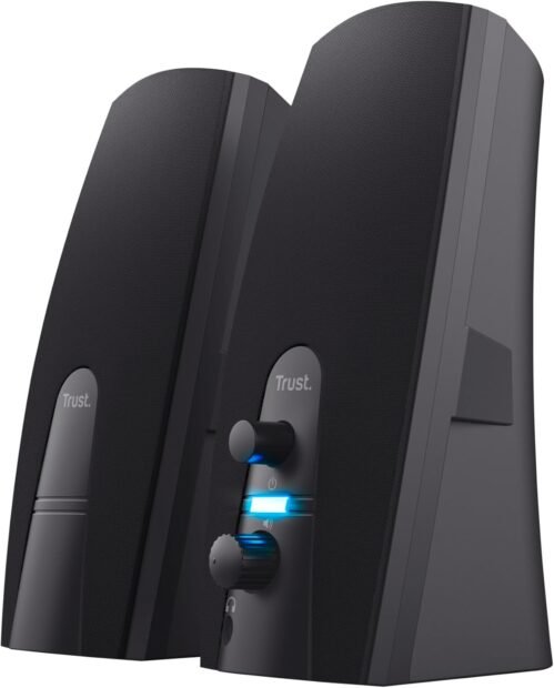 Trust Almo Enceinte PC 2.0,10 Watt (5W RMS), Alimentation USB, Aux Jack 3,5 mm, Enceintes Stéréo, Haut-Parleur pour PC, Ordinateur, Ordinateur Portable – Noir