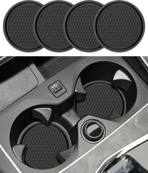 Flaconi Lot De 4 Pièces De Verre De Voiture,Insert De Porte-Gobelet De Voiture,Dessous De Verre De Voiture pour Porte-Gobelets,Accessoires d’Intérieur De Voiture,Dessous De Verre Antidérapant (Noir)