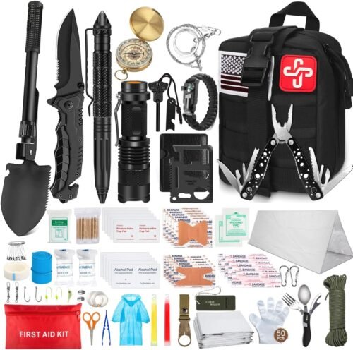 152Pcs Emergency Survival Kit and First Aid Kit Professional Survival Gear Tool with Tactical Molle Pouch and Emergency Tent for Earthquake Outdoor Adventure Camping Hiking Hunting