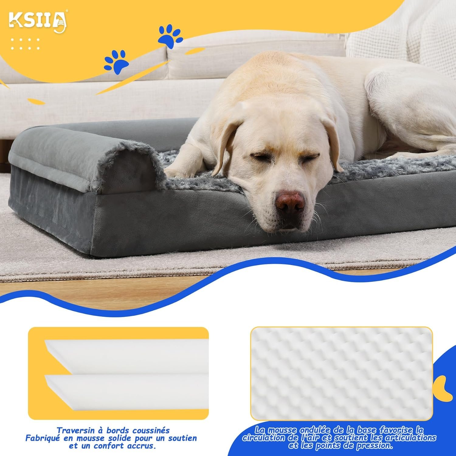 KSIIA Panier Chien Grande Taille, 105x70x18cm, Orthopedique Canapé pour Chien XL, Lit pour Chien Housse Dehoussable et Lavable, Gris – Image 3
