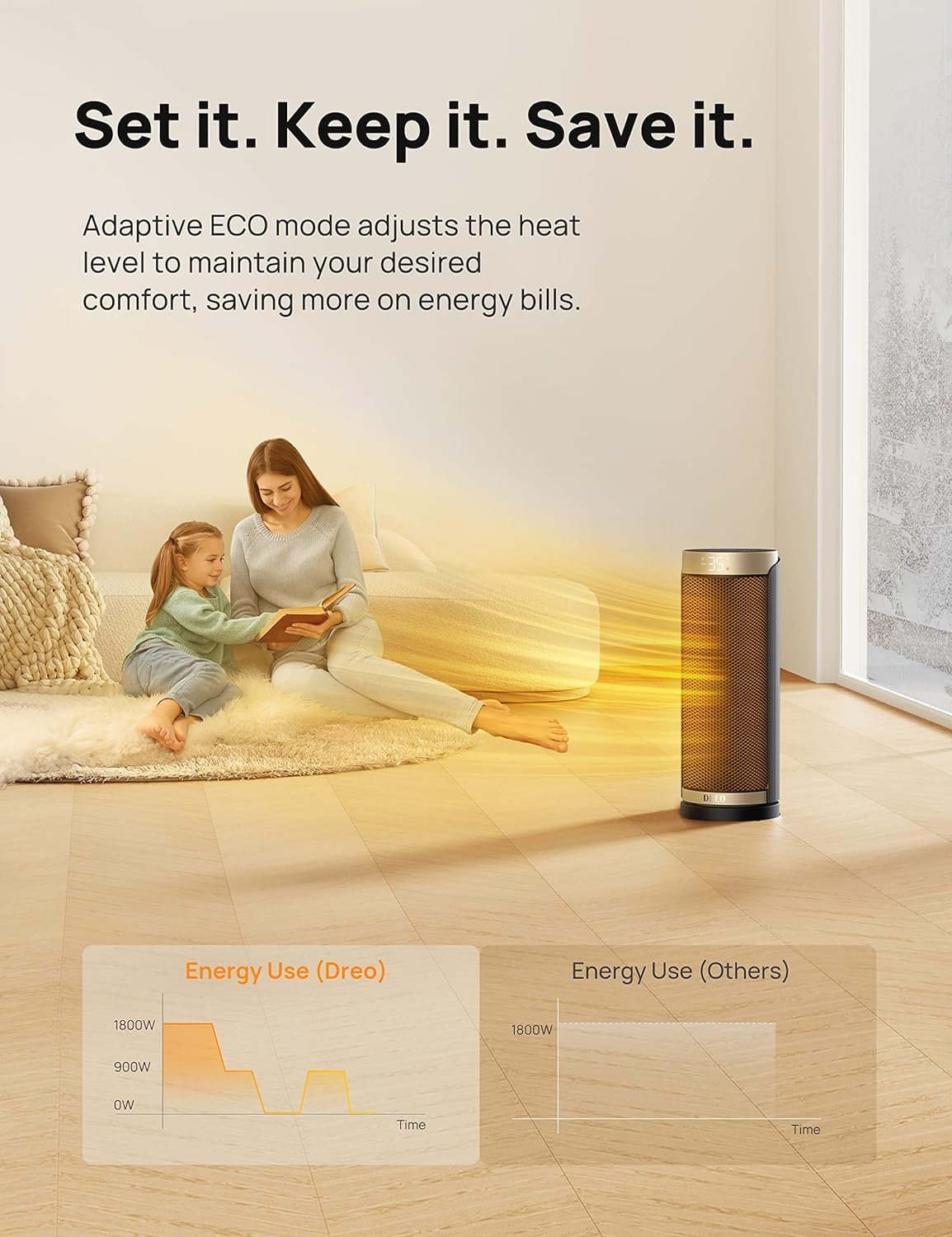 Dreo Chauffage d'appoint, électrique, céramique, PTC1800 W, Télécommande, Protection anti-basculement et anti surchauffe, Minuterie 1-12 h, 70° Oscillation, Solaris Slim H3 – Image 3