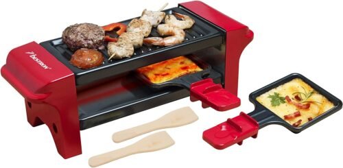 Bestron Appareil a raclette, Mini Grill pour 1 à 2 personnes, avec 2 poêlons et 2 spatules, avec revêtement antiadhésif, 350 Watts, couleur: Rouge/Noir