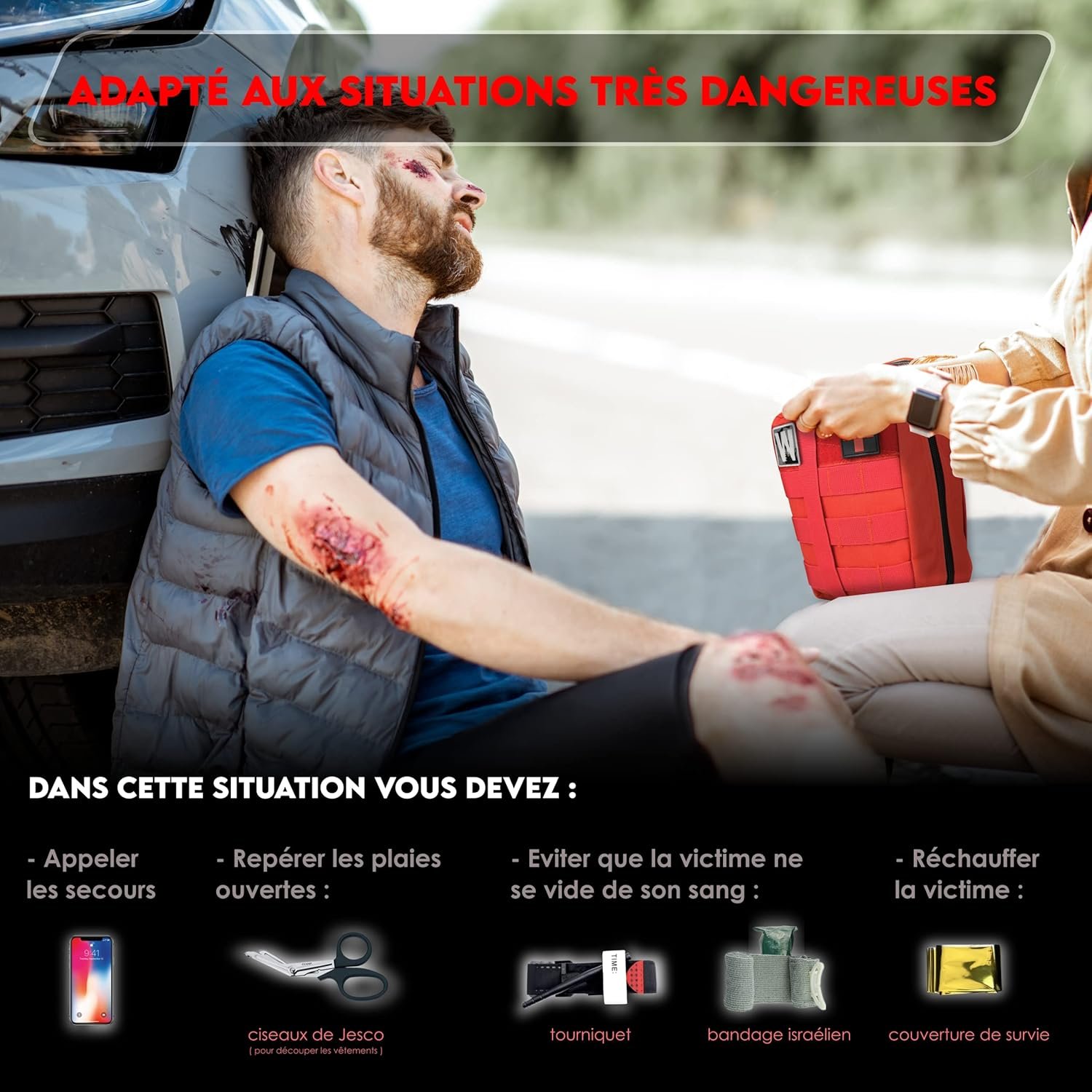 WONCROW ® Trousse de Secours Complete + Matériel Inédit - Pharmacie de Voyage Randonnée Camping Voiture - Equipement Militaire Kit de Survie Complet Couverture de Survie Aspire Venin Garot Tourniquet – Image 6