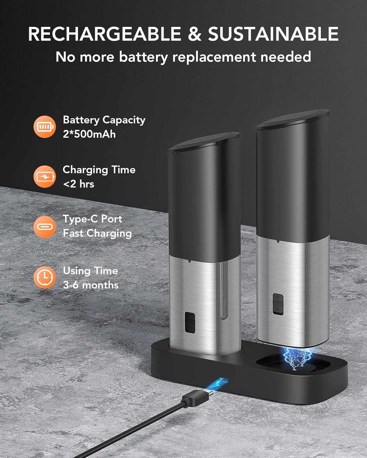 FORLIM Moulins Sel et Poivre Electrique, Rechargeable USB avec Double Base de Chargement, Grossièreté Réglable, Couvercles Anti-Poussière Auto + Lumière LED, Opération à une Main, Lot de 2(Noir) – Image 2