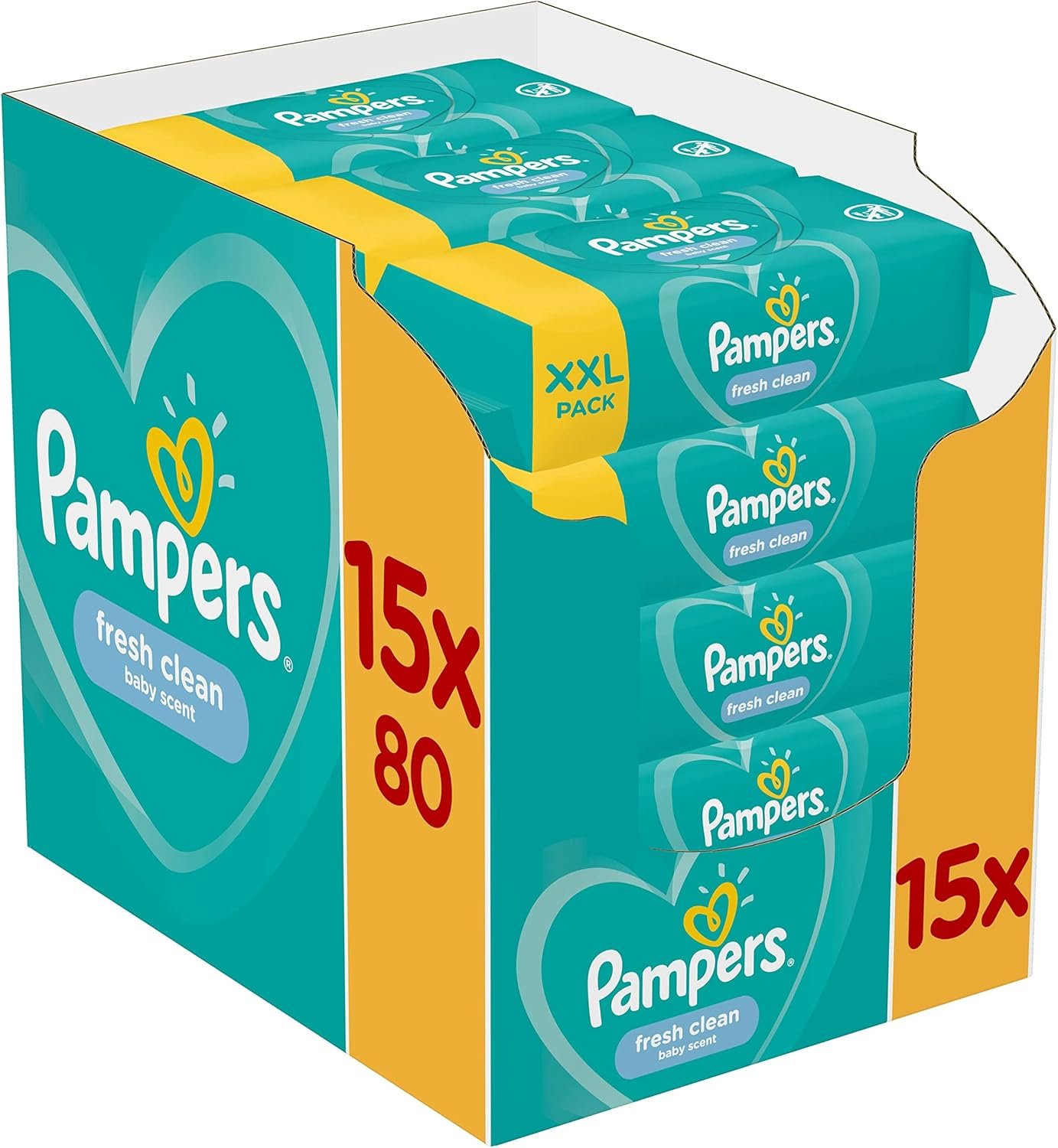 Pampers Fresh Clean, 1200 Lingettes pour Bébé (15x80), Sans Alcool, Aussi Pour Les Mains Et Le Visage