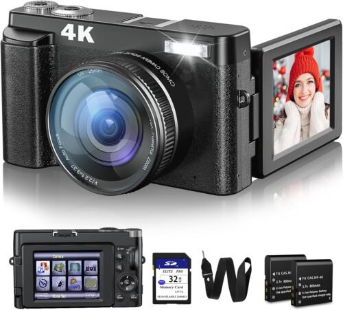 4K Appareil Photo Numérique 32G Carte 48MP Caméra Numérique Compacte avec Chargeur Caméra Selfie 3″ 180° Flip Ecran Eclair 16X Zoom Digital Caméra Portable pour Débutants (Noir Mat)