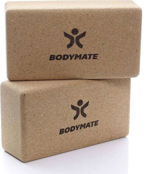 BODYMATE Lot de 2 Blocs de Yoga en liège 100% Naturel et écologique, Support pour asanas, méditation, Exercices de Relaxation, pour débutants et Pro, 22 x 12 x 7,5 cm