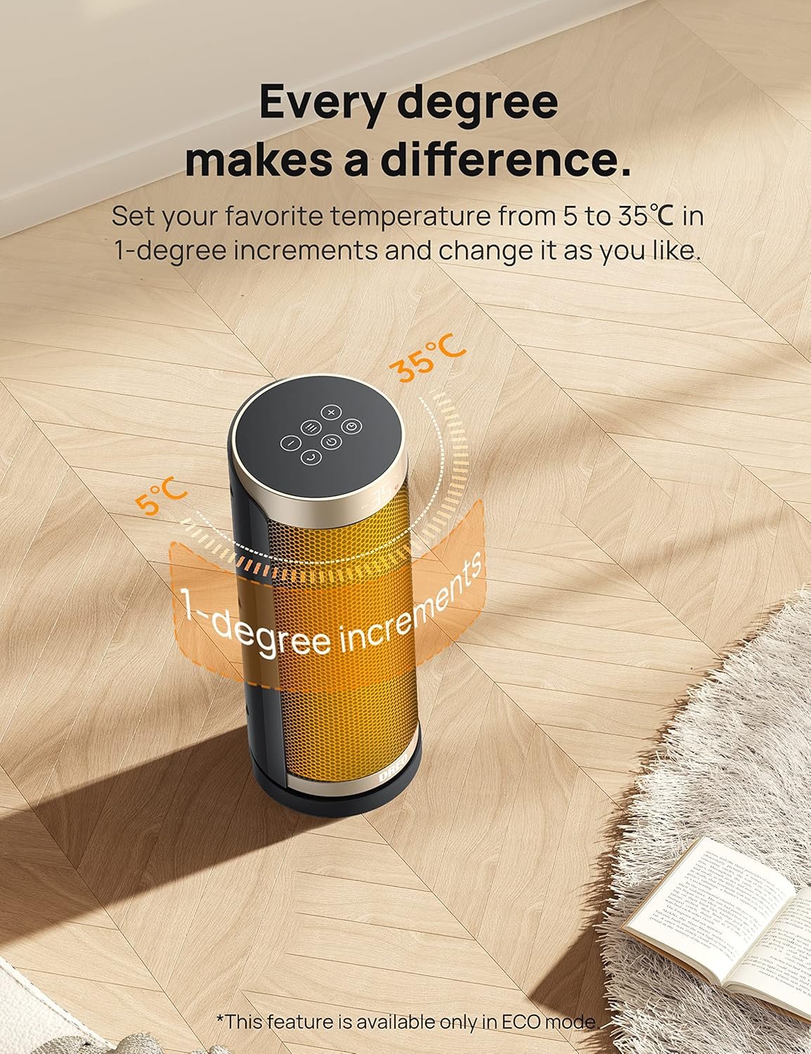 Dreo Chauffage d'appoint, électrique, céramique, PTC1800 W, Télécommande, Protection anti-basculement et anti surchauffe, Minuterie 1-12 h, 70° Oscillation, Solaris Slim H3 – Image 6