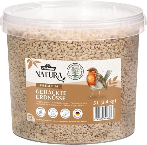 Dehner Natura Premium Nourriture pour Oiseaux Sauvages, arachides concassées, graines d’arachides sans Peau, pour granivores et mangeurs de pâtée, Aliment Gras pour mésanges, 5 l, 3,4 kg