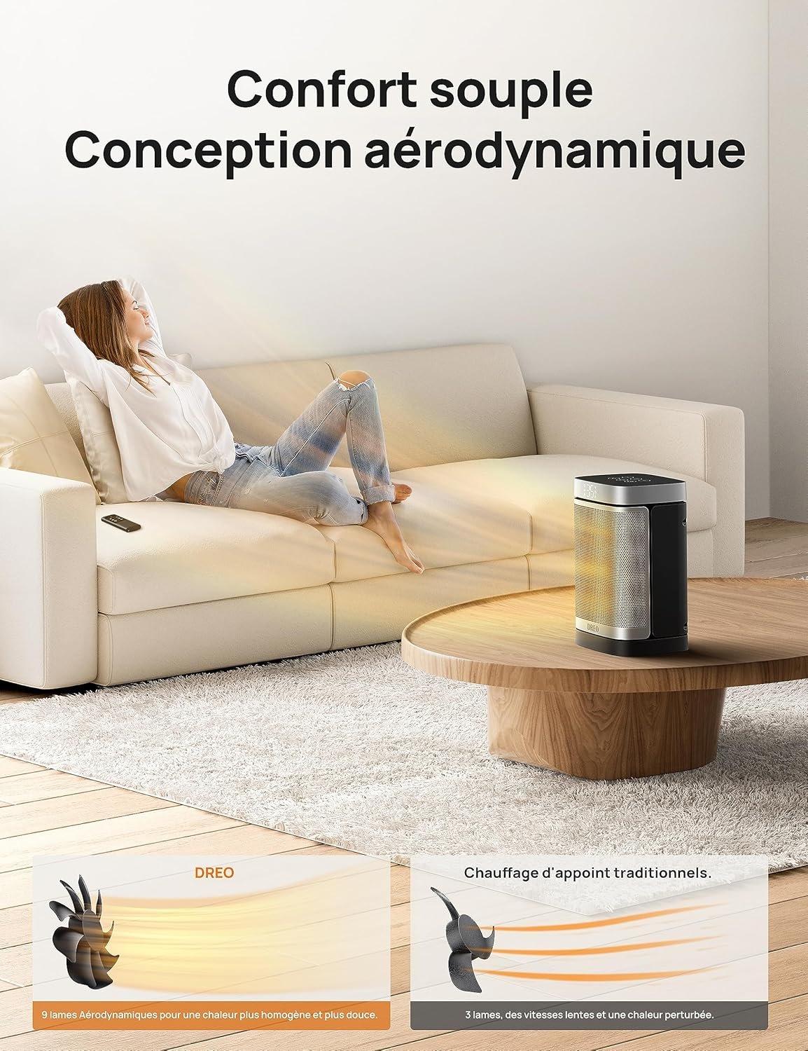 Dreo Chauffage d'appoint Atom One, Oscillant sur 70°, Électrique, Radiateur céramique PTC avec thermostat, Minuterie 1-12 h, Télécommande, Protection anti-surchauffe et anti-basculement, Mode ECO – Image 5
