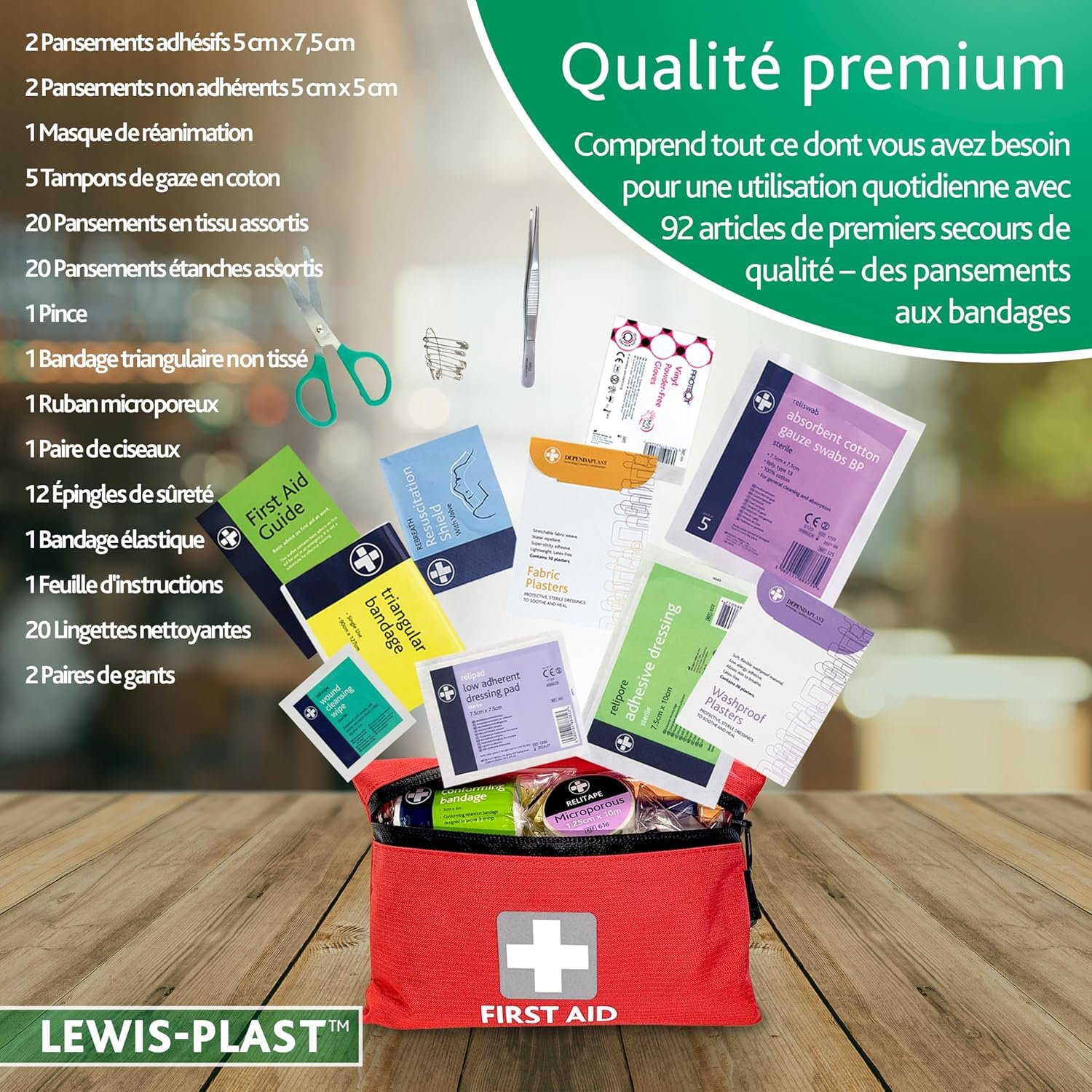 Lewist-Plast Trousse De Premiers Soins de 92 pièces - À Garder Dans Votre Voiture, À La Maison, Au Travail, En Vacances - Comprend L'essentiel Pour Les Situations D'urgence Quotidiennes (lot De 1) – Image 2