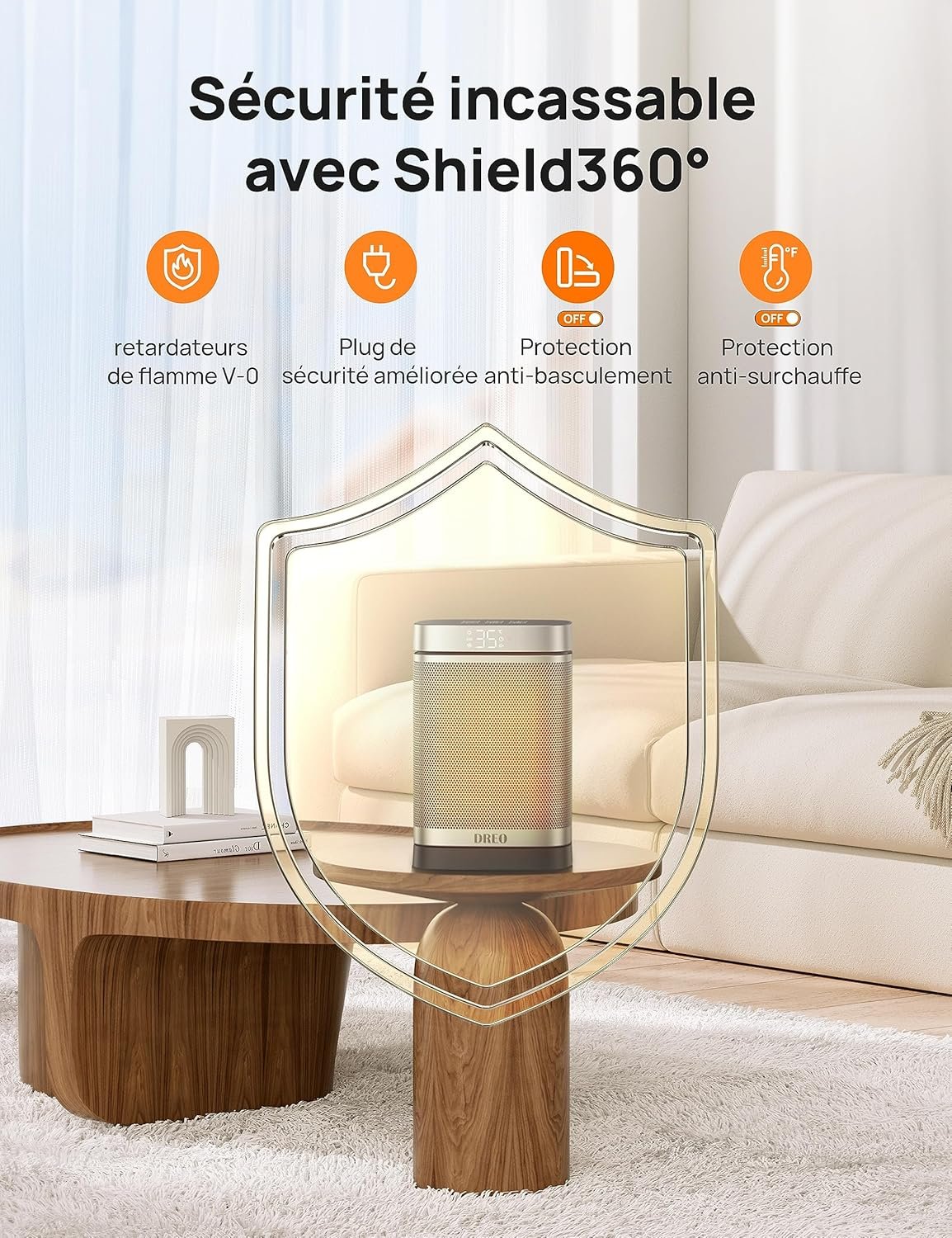 Dreo Chauffage d'appoint Atom One, Oscillant sur 70°, Électrique, Radiateur céramique PTC avec thermostat, Minuterie 1-12 h, Télécommande, Protection anti-surchauffe et anti-basculement, Mode ECO – Image 3