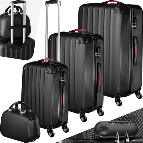 TecTake Lot de 4 Valises Cabine de Voyage à roulettes Grande Taille Valise soute Multifonction en ABS Polypropylène, avec Trousse de Toilette – Noir