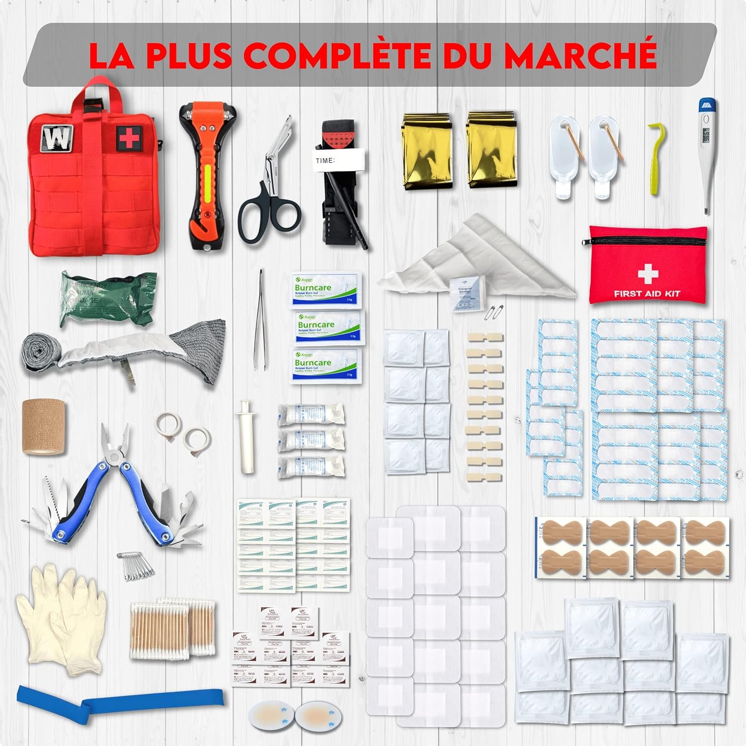 WONCROW ® Trousse de Secours Complete + Matériel Inédit - Pharmacie de Voyage Randonnée Camping Voiture - Equipement Militaire Kit de Survie Complet Couverture de Survie Aspire Venin Garot Tourniquet – Image 3